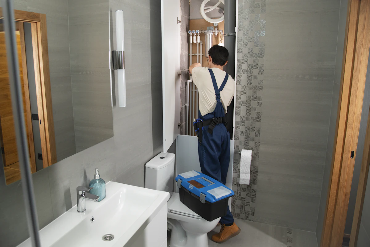 A plumber repairing a bathroom fixture on a service call