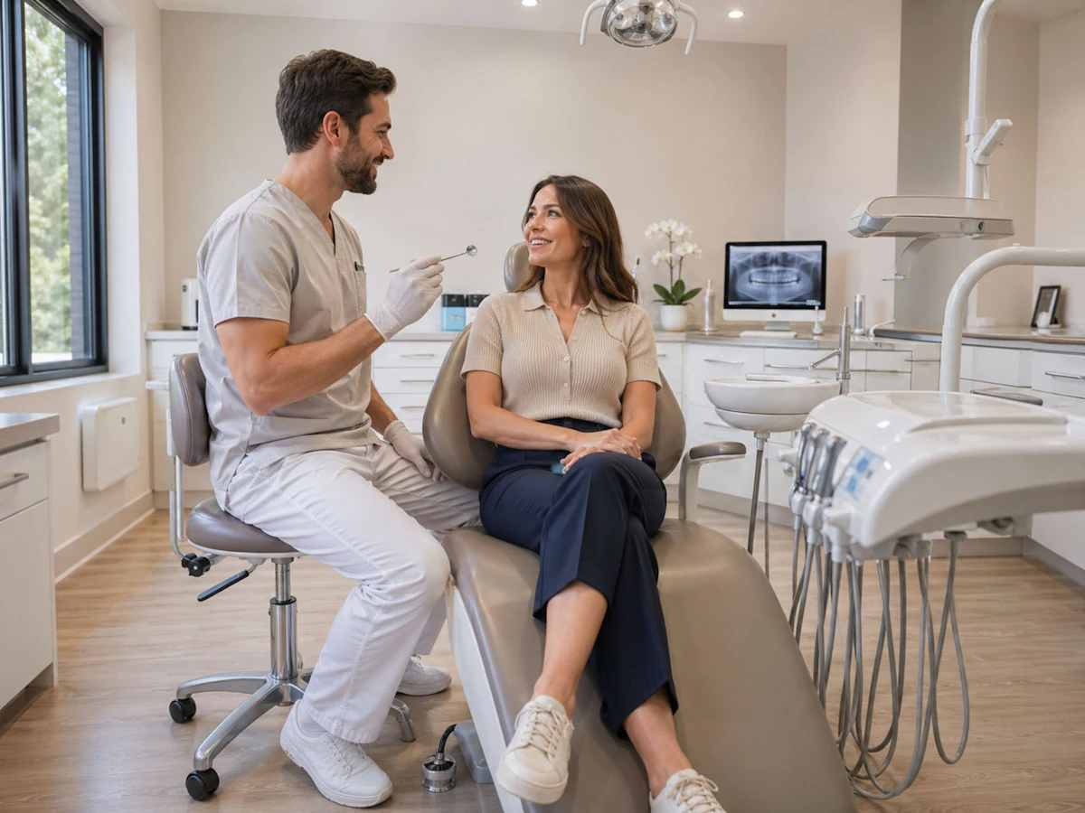 A dentist talking with a patient in a modern practice