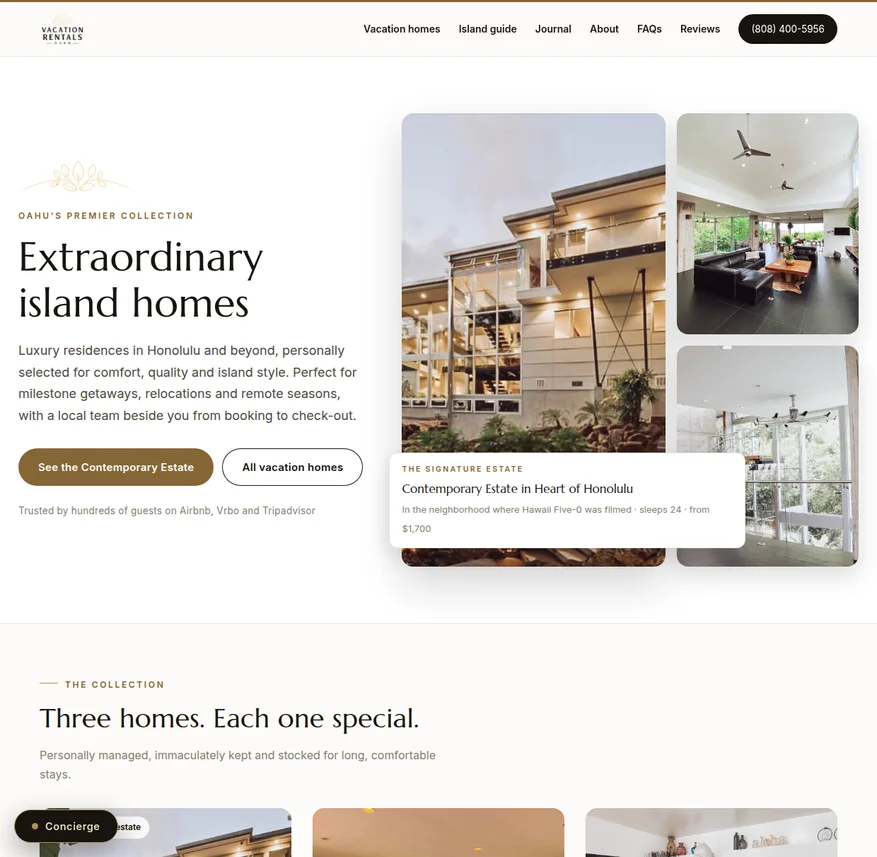 The Vacation Rentals Oahu homepage: ivory and champagne hero reading ‘Extraordinary island homes’ beside a photo collage of a glass-walled Honolulu estate